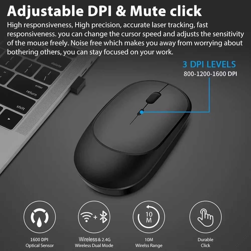 Wireless Mouse Bluetooth-compatible 2.4G Silent Mice Adjustable DPI Ergonomic Design USB Rechargeable Gaming Office Mouse